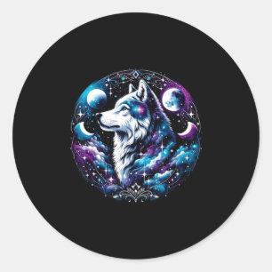 Sticker Rond Rêve céleste de loup Nuit de lune hurlante Loup dr