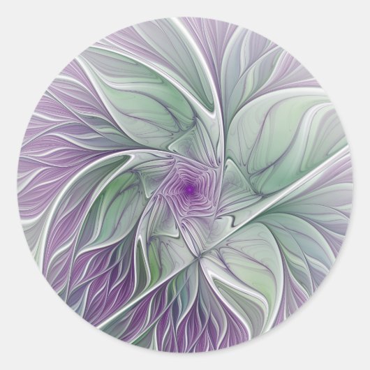 Sticker Rond Rêve de fleurs, Abstrait violet vert Fractal Art (Devant)