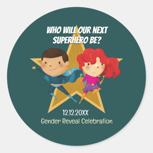 Sticker Rond Révéler le genre Superhero mignon bleu rose vert (Devant)