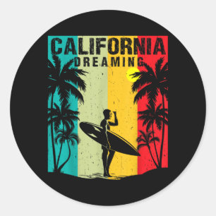 Sticker Rond Rêverie Californienne Hommes Femmes Surfant Plage