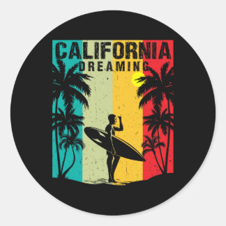 Sticker Rond Rêverie californienne hommes femmes surfant plage
