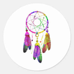 Sticker Rond Rêveurs colorés Plumes Native American Ind