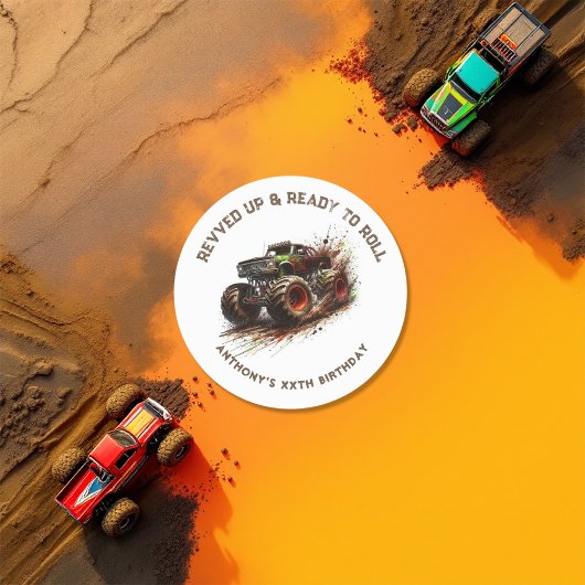 Sticker Rond "Revved Up & Ready Roll" - Camion Monster sur mesu
