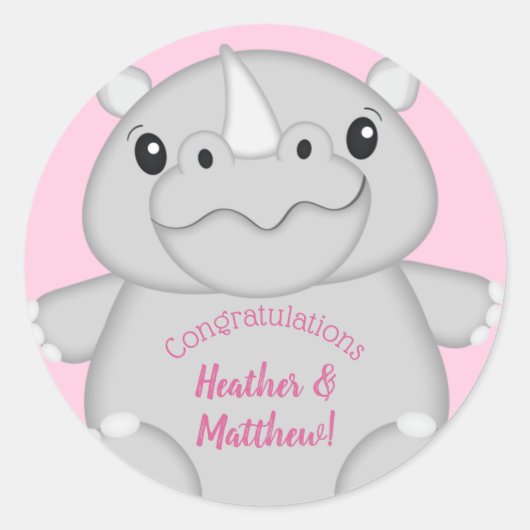 Sticker Rond Rhino Baby shower rose (Devant)