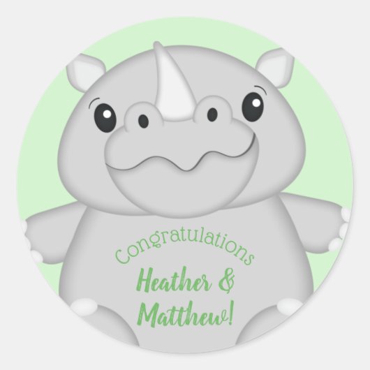 Sticker Rond Rhino Baby shower vert (Devant)