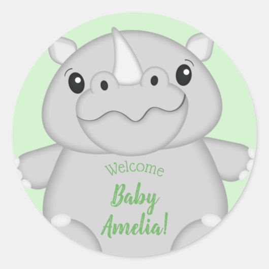 Sticker Rond Rhino Baby shower vert (Devant)
