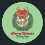 Sticker Rond Rick et Morty | Reindeer Morty Merry Rickmas<br><div class="desc">Célébrez Rickmas avec ce dessin festif Reindeer Morty Wreath qui dit : "Joyeux Rickmas. 100 Ans Pour Toujours".</div>