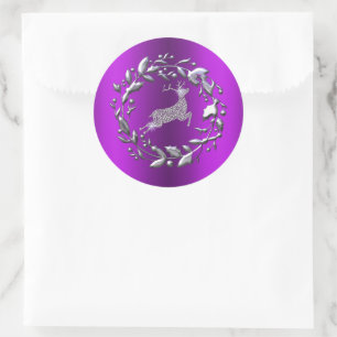 Sticker Rond Rindeer d'argent et couronne de Noël pourpre