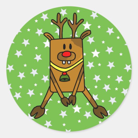 Sticker Rond Rindeer drôle avec des étoiles sur vert (Devant)