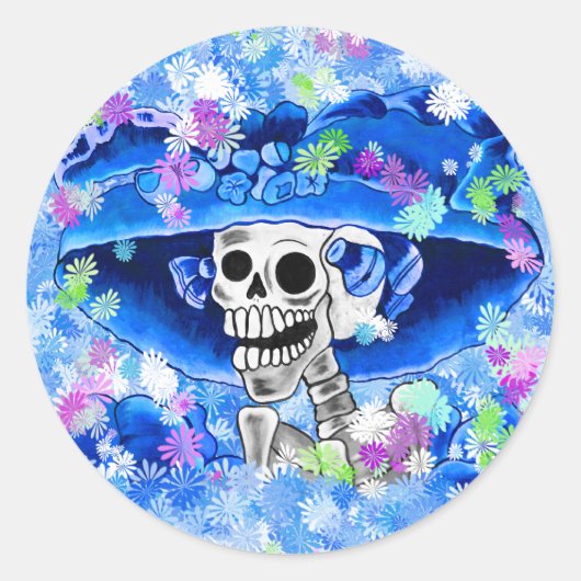 Sticker Rond Rire Skeleton Woman dans Blue Bonnet (Devant)