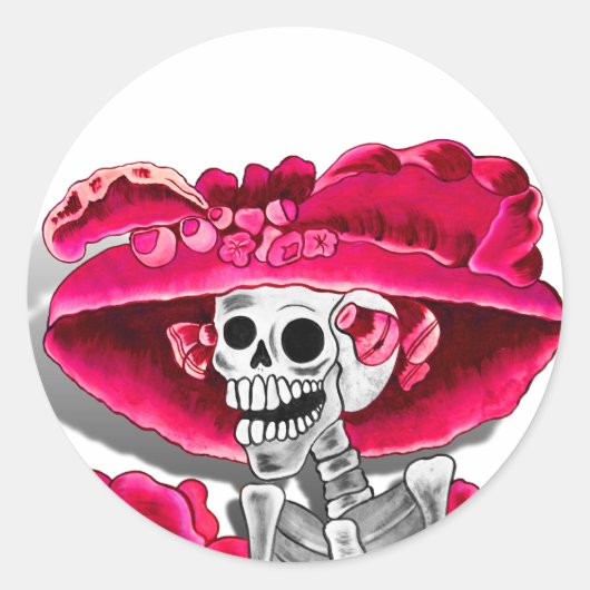 Sticker Rond Rire Skeleton Woman dans Red Bonnet (Devant)
