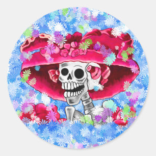 Sticker Rond Rire Skeleton Woman dans Red Bonnet