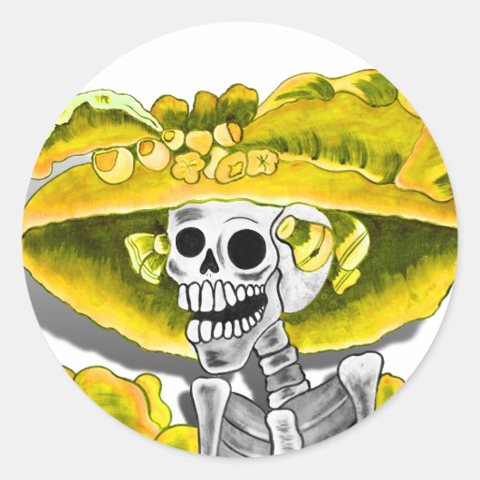 Sticker Rond Rire Skeleton Woman dans Yellow Bonnet (Devant)