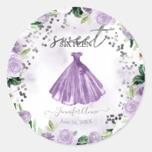 Sticker Rond Robe aquarelle fleurie violette pour les 16 ans do