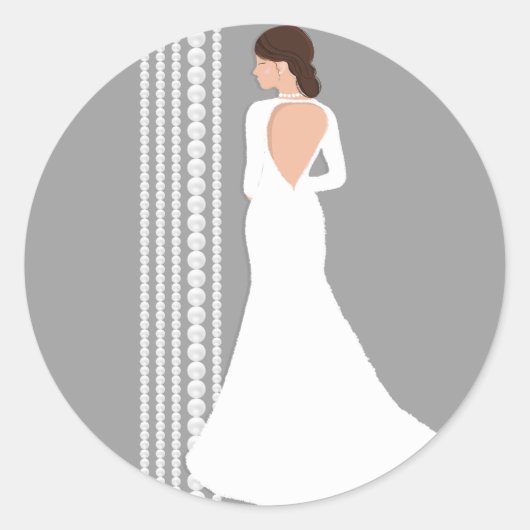 Sticker Rond Robe de Mariée Blanche Moderne & Collier de Perles (Devant)