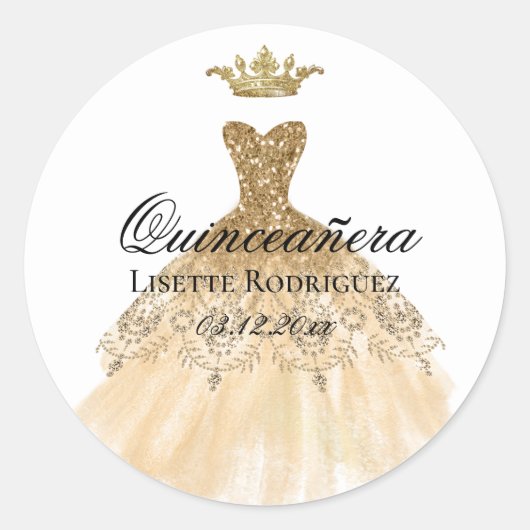 Sticker Rond Robe de princesse couronne d'or Quinceanera Party (Devant)
