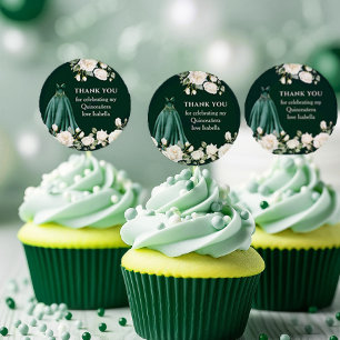 Sticker Rond Robe de princesse de Quinceanera vert émeraude flo