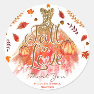 Sticker Rond Robe de réception de mariage Fall in Love & Feuill