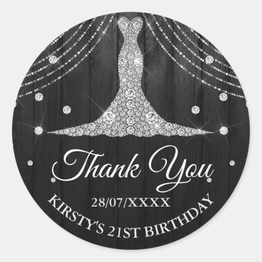Sticker Rond Robe Diamant Noir Argent Anniversaire (Devant)