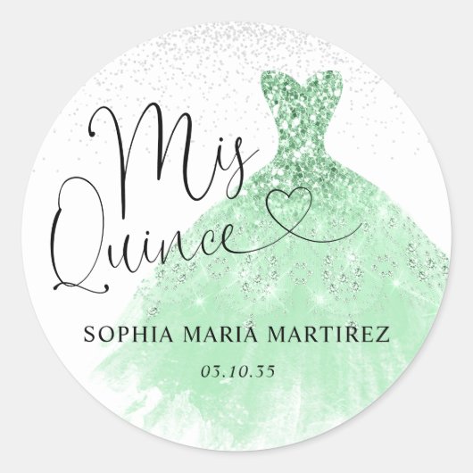 Sticker Rond Robe en argent vert Sage Mis Quince Quinceañera (Devant)