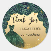 Sticker Rond Robe en or vert Quinceanera Merci (Devant)