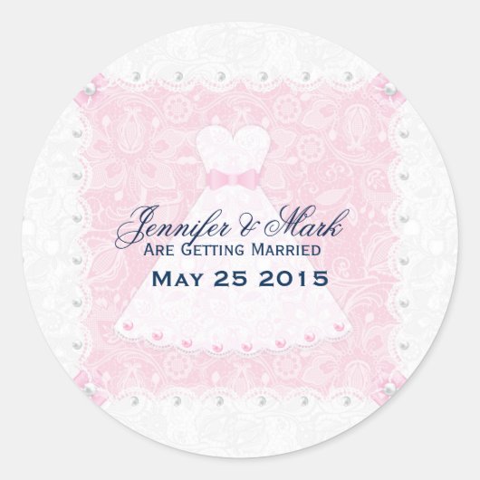 Sticker Rond Robe Mariage rose et blanc & dentelle fleurie Vint (Devant)