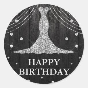 Sticker Rond Robe noire argentée bouteille joyeux anniversaire