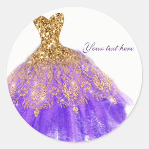 Sticker Rond Robe pailletée de glitter violet et or pour fête d