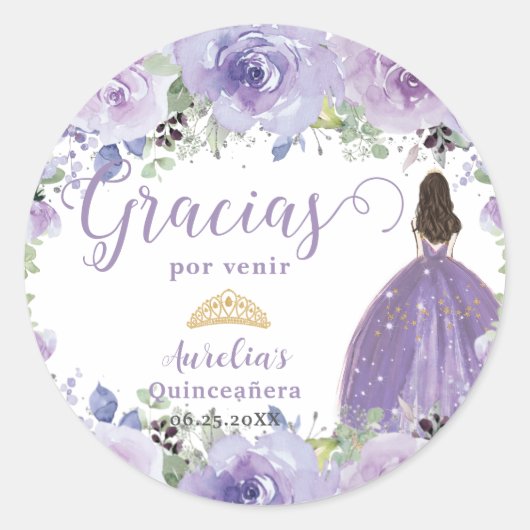 Sticker Rond Robe princière Lilac Floral Quinceañera (Devant)