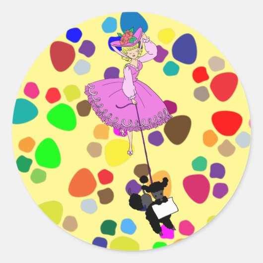 Sticker Rond Robe rose mignonne Poodle noir dessin original (Devant)