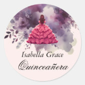 Sticker Rond Robe rose Quinceañera avec aquarelle violet (Devant)