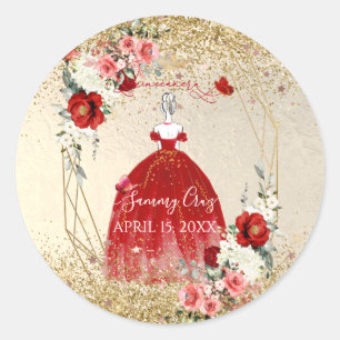 Sticker Rond Robe rouge Fleurs H2 Quinceanera PixDezines