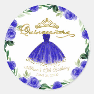 Sticker Rond Robe royale bleue Quinceanera florale
