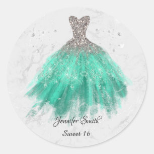 Sticker Rond Robe verte argent parties scintillant sweet sixtee