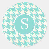 Sticker Rond Robin Houndstooth moderne Monogramme bleu et blanc (Devant)