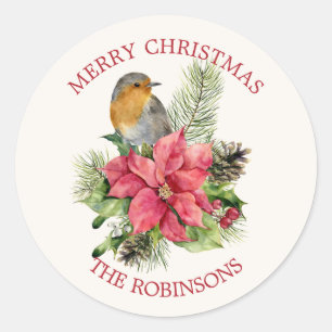 Sticker Rond Robin rouge, Poinsettia, pin, Noël saint