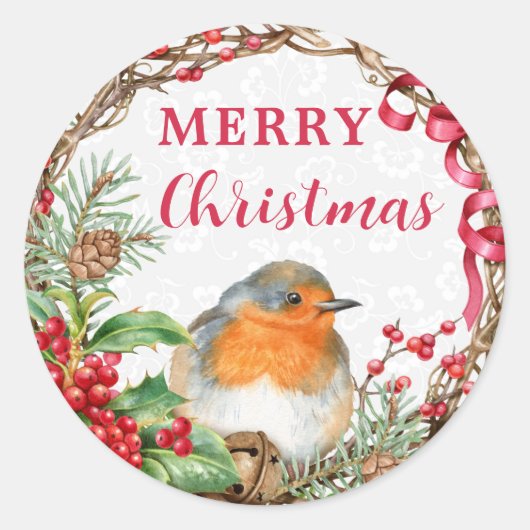 Sticker Rond Robin rustique Joyeux Noël Fêtes (Devant)