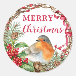Sticker Rond Robin rustique Joyeux Noël Fêtes