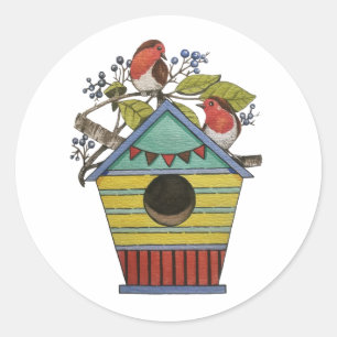 Sticker Rond Robins Aux Bleuets Et Aux Oiseaux