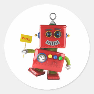Sticker Rond Robot de jouet rouge dansant avec panneau de fête