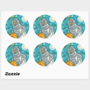STICKER ROND ROBOT PICER CITROUILLES, HALLOWEEN HOMME MÉCANIQUE