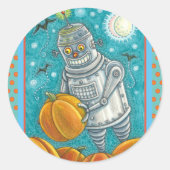 STICKER ROND ROBOT PICER CITROUILLES, HALLOWEEN HOMME MÉCANIQUE (Devant)