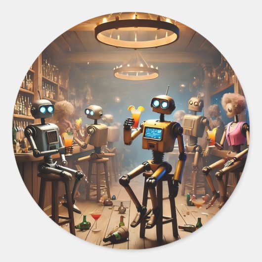 Sticker Rond robots having fun in a bar (Devant)