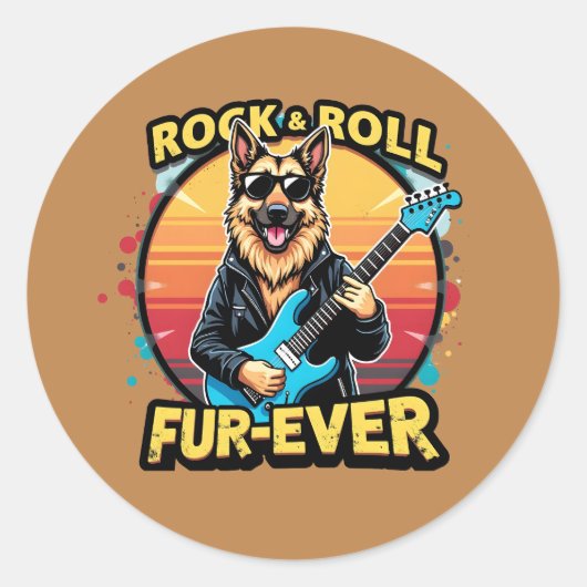 Sticker Rond Rock and Roll German Shepherd'Art Retro Sunset (Devant)