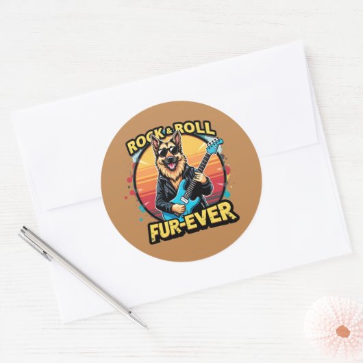Sticker Rond Rock and Roll German Shepherd'Art Retro Sunset (Enveloppe)