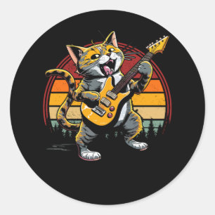 Sticker Rond Rock Chat Jouer Guitare Électrique Guitariste Chat