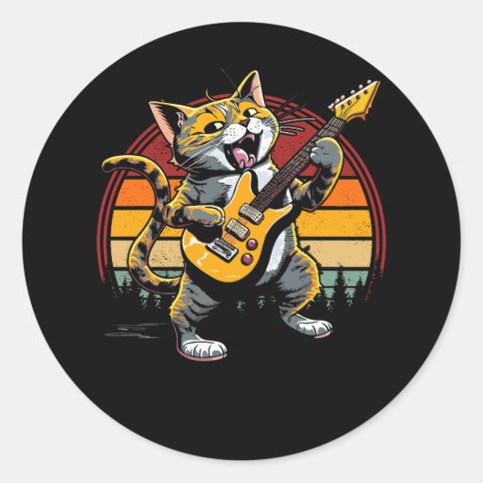 Sticker Rond Rock Chat Jouer Guitare Électrique Guitariste Chat (Devant)