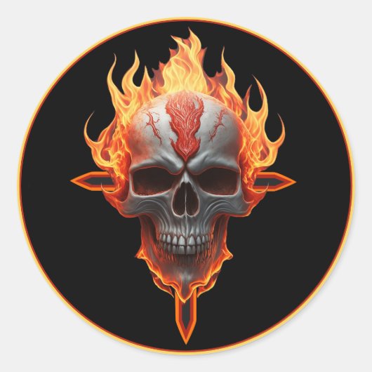 Sticker Rond Rock & Roll Band Heavy Metal Music Flaming Skull (Devant)