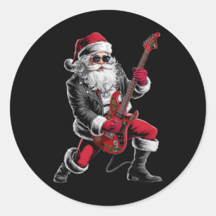Sticker Rond Rock & Roll Noël Santa Claus Guitare Player