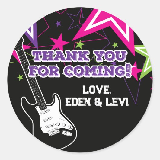 Sticker Rond Rock Star Anniversaire Guitare Stars Rose violet C (Devant)